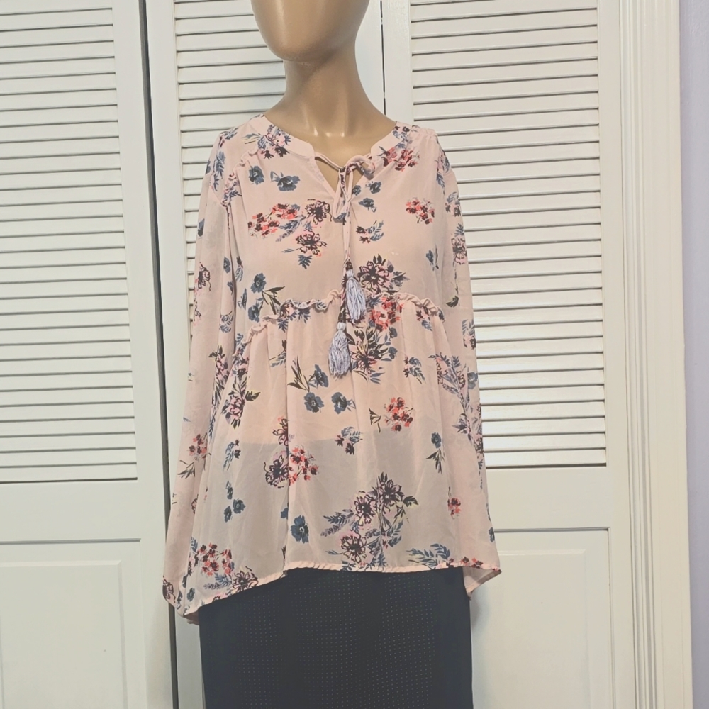 583 Womens Knox Rose Pink & Blue Floral Top Blouse Long Slvs Ruffle Size Medium